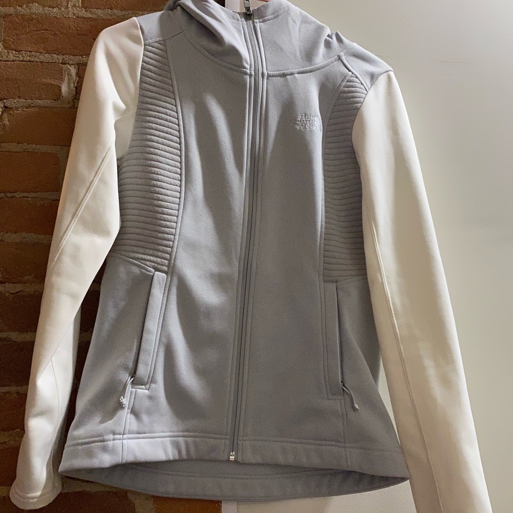North Face Womens White/Gray Full Zip Hooded Jacket Zippered Pockets Size small